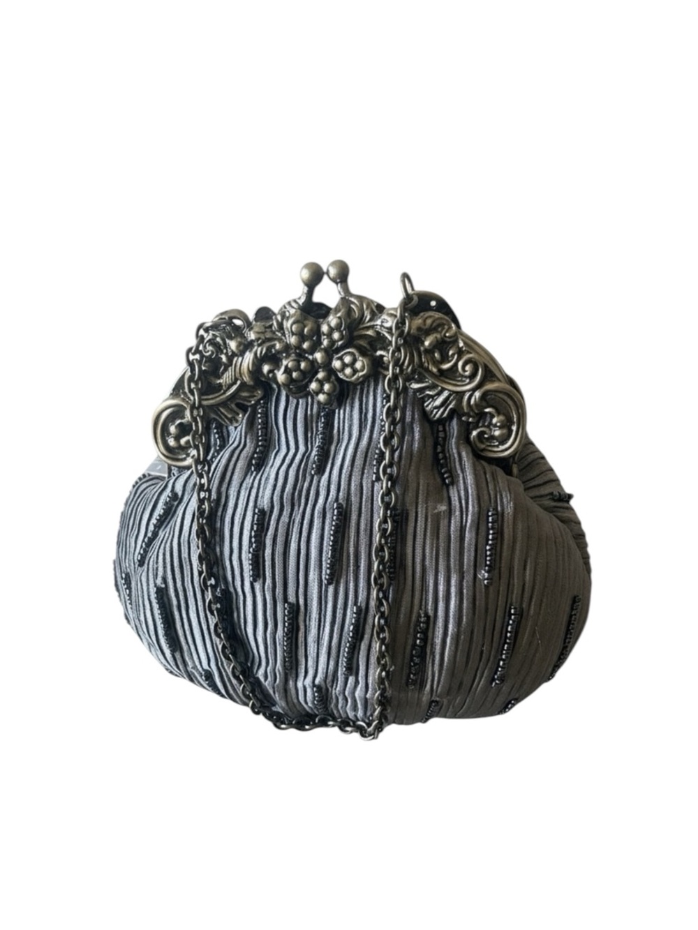 Vintage Elegant Beaded Handkerchief Grey Embellished Silver Silk Evening Bag - Picture 9 of 10